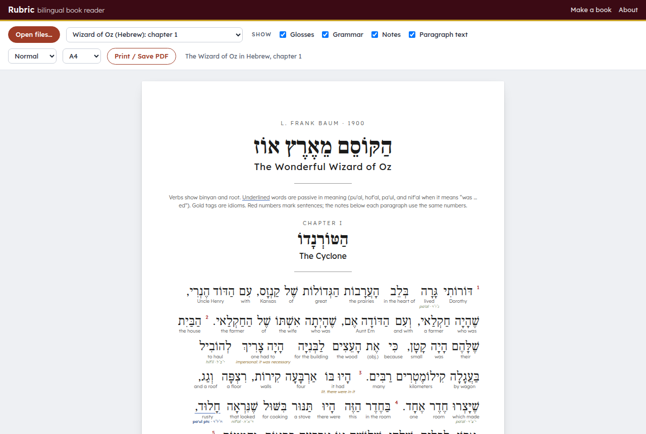 The Wonderful Wizard of Oz in Hebrew, chapter 1, in the Rubric reader