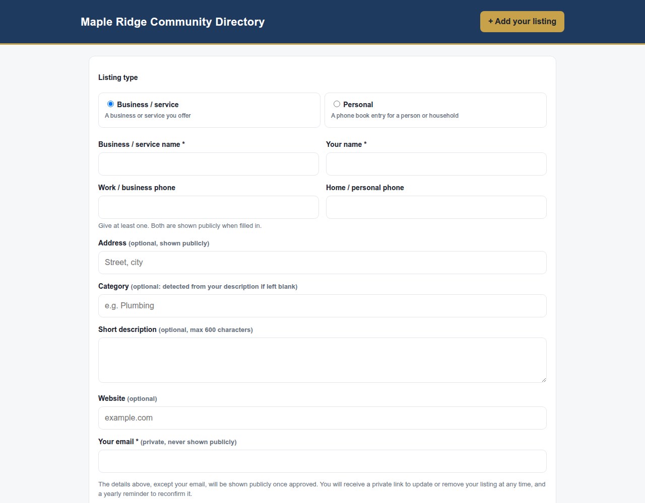 Adding a listing