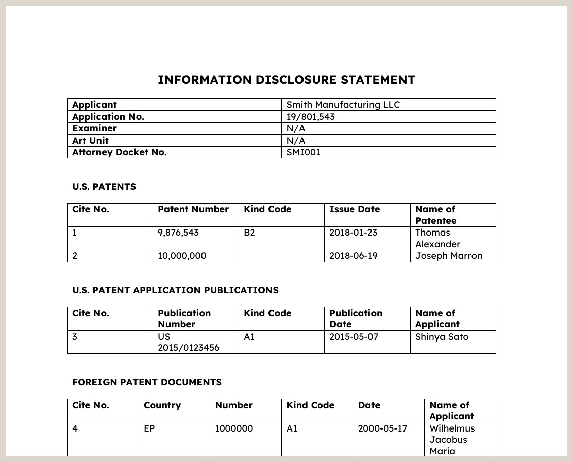 The document it writes: the header block and the four tables, numbered straight through
