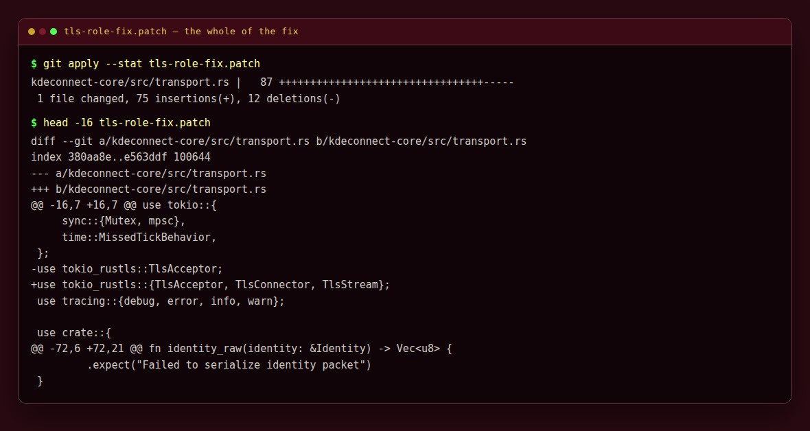 The patch: one file, one changed handshake