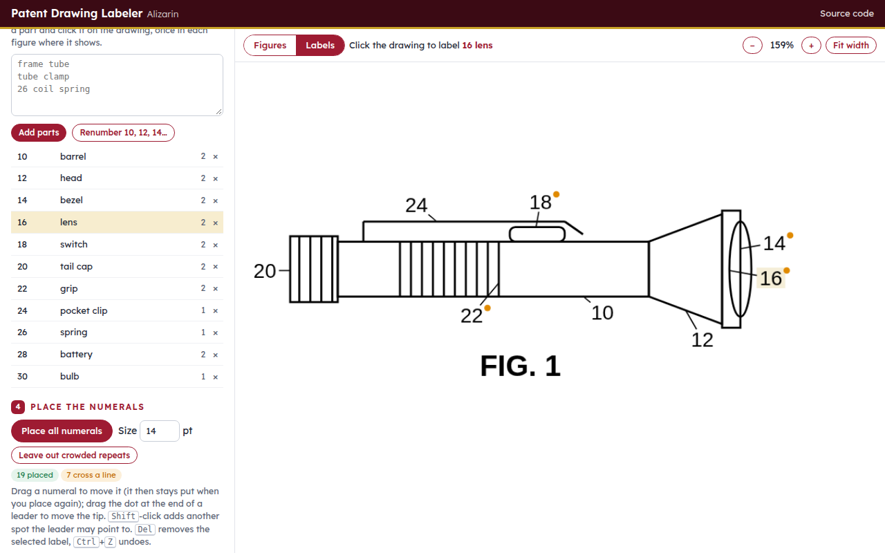 The labeler with a sample drawing: the parts list on the left, numerals and leader lines placed on FIG. 1