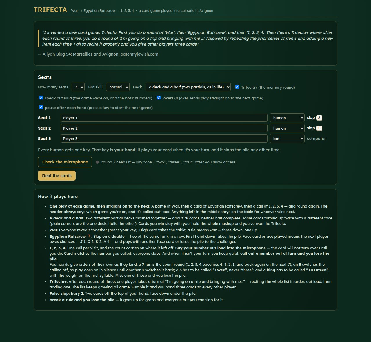 The playable version: seats, keys and the rules on one screen